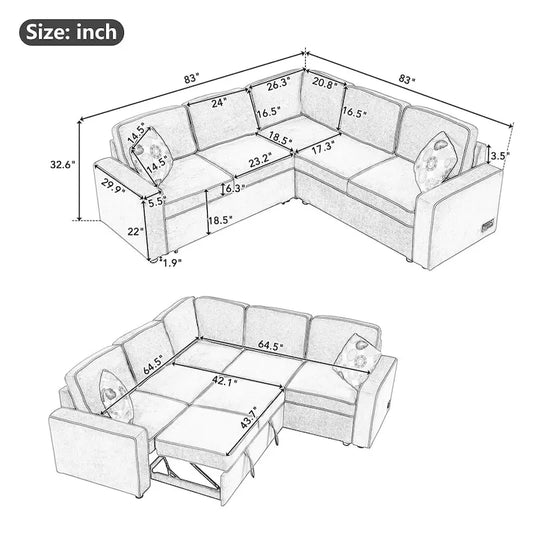 L-Shaped Pull Out Sofa Bed Modern Convertible Sleeper Sofa with 2 USB ports, 2 Power Sockets and 3 Pillows
