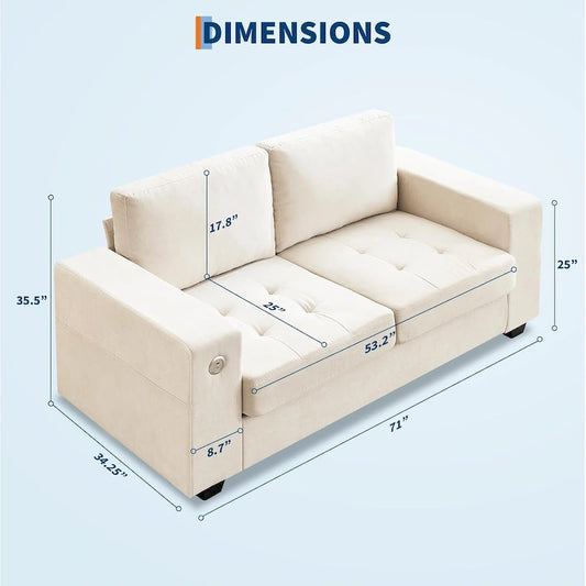70 Chenille Loveseat Sofa with USB Charging Modern Sectional w/Storage Pockets & Removable Cover for Living Room,