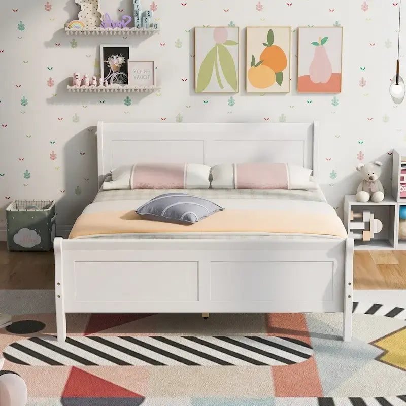 Full Size Wood Platform Bed with Headboard and Wooden Slat Support, White