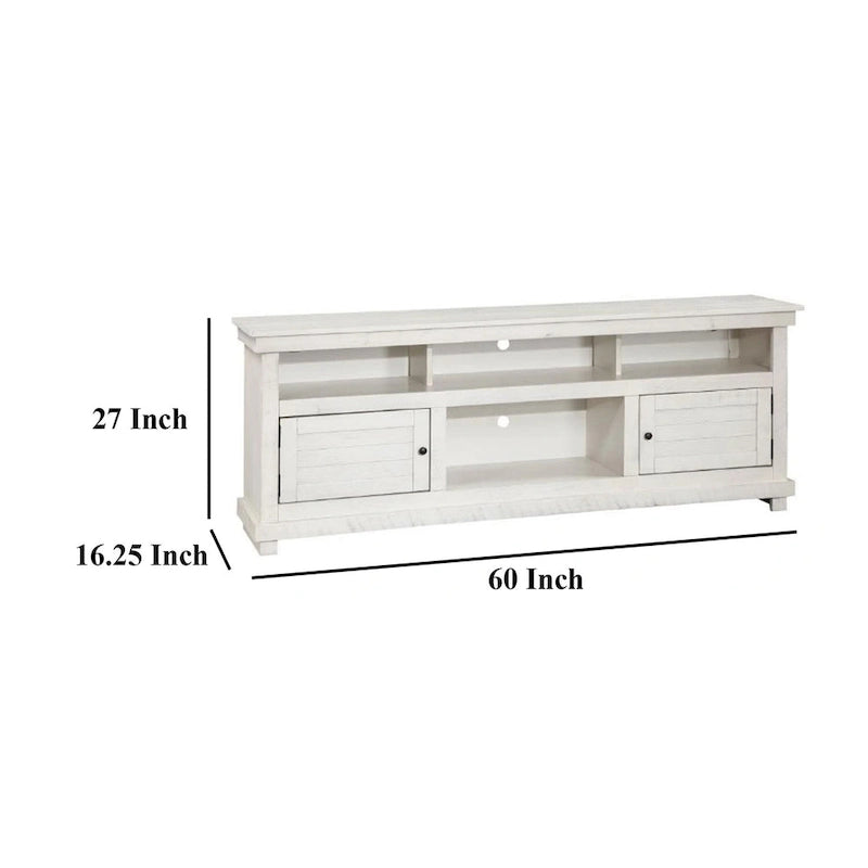 Ayne TV Stand Media Cabinet, 2 Doors and 4 Shelves, White Wood 60 Inch