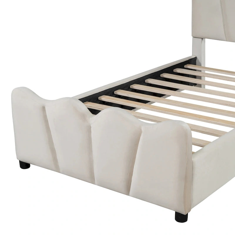 Beige Twin Size Velvet Bed with Distinctive Headboard and Footboard