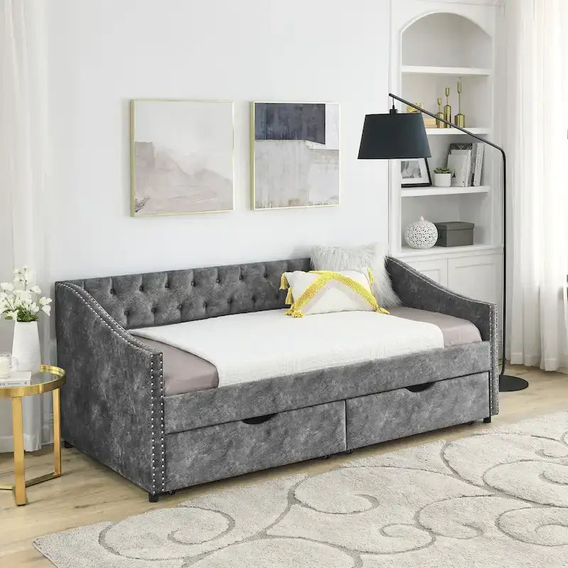 Twin Size Linen Upholstered Daybed Frame with 2 Drawers, Buttons Tufted Backrest, Copper Nail Decoration