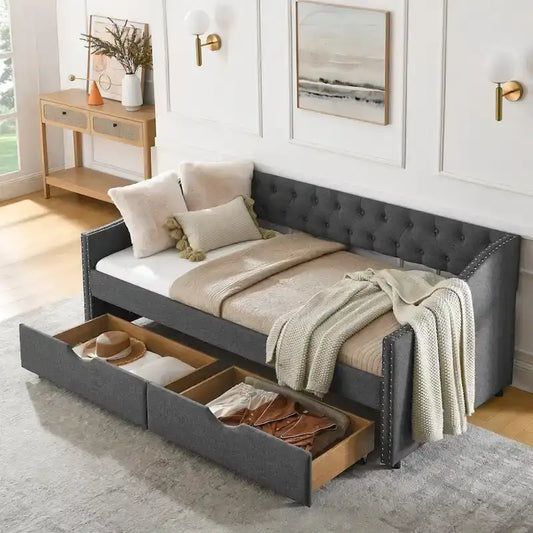 Twin Size Linen Upholstered Daybed Frame with 2 Drawers, Buttons Tufted Backrest, Copper Nail Decoration