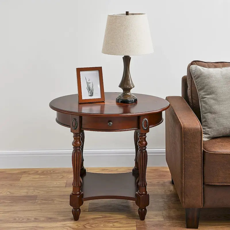 Solid Wood Oval End Table Sofa Table with Drawer and Storage Shelf