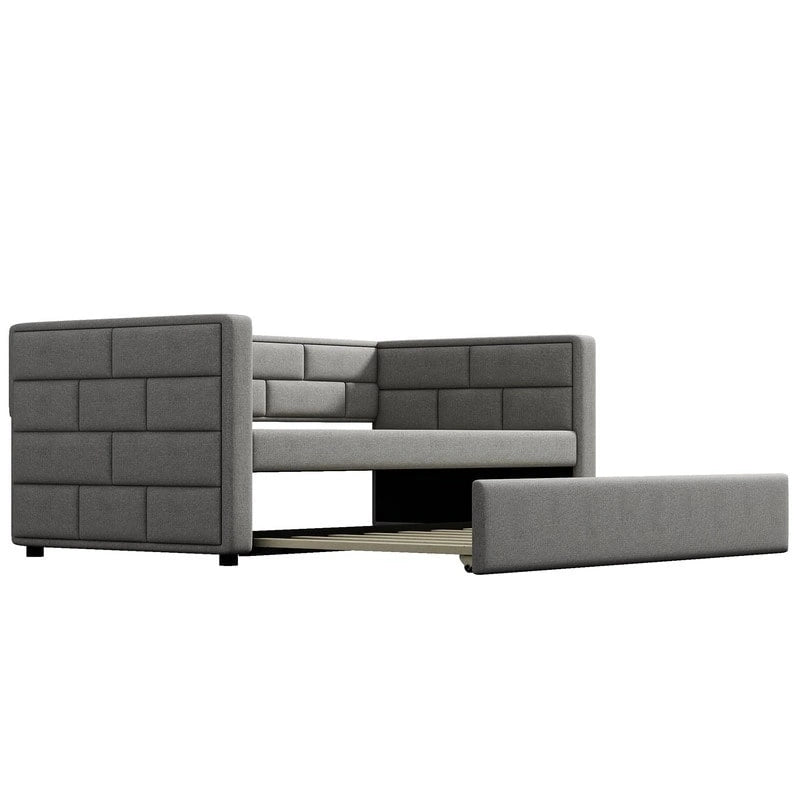 Twin Size Daybed with Trundle, Upholstered Daybed with Padded Back