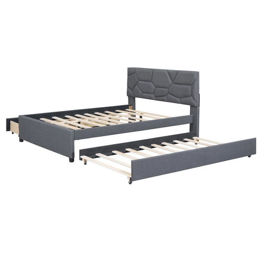 Full Size Upholstered Platform Bed with Twin Size Trundle and 2 Drawers