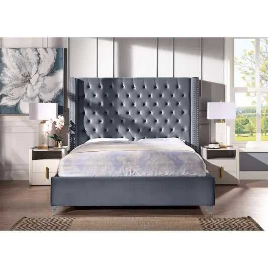 King Velvet Upholstered Bed with Deep Button Tufting