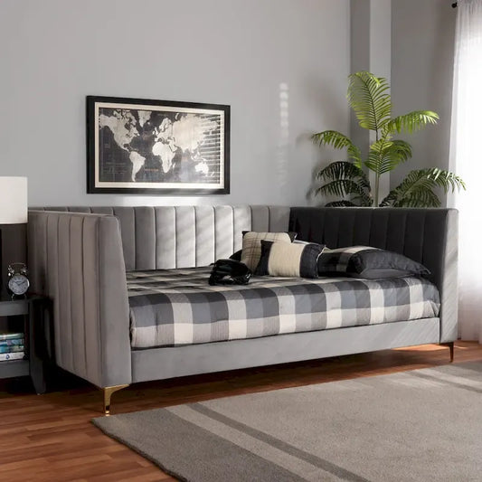 Oksana Light Grey Velvet with Goldtone Legs Daybed