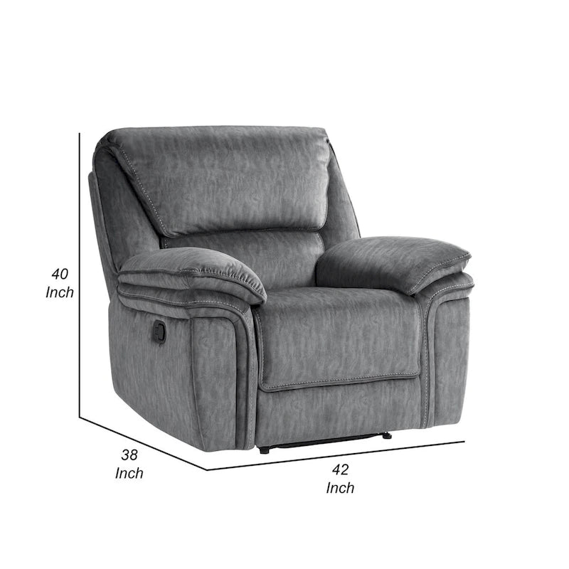 Muir 38 Inch Manual Recliner Chair, Tufted Back Gray Microfiber, Solid Wood