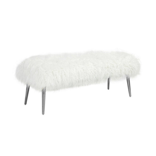 Ammy 45 Inch Bench with Foam Fill Seat, White Faux Fur, Silver Metal Legs
