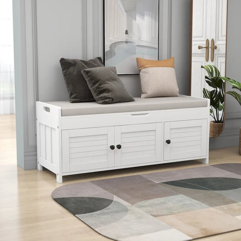 Storage Bench with 3 Shutter-shaped Doors, Shoe Bench with Removable Cushion and Hidden Storage Space