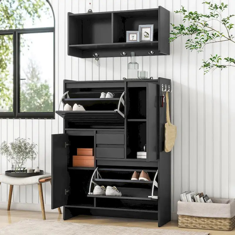 Shoe Cabinet with Wall Cabinet, Space-saving Design Foyer Cabinet with 2 Flip Drawers, Versatile Side Cabinet for Hallway, White
