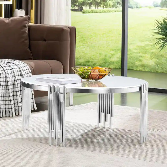 Modern 36 Round Coffee Table with Tempered Glass Top and Polished Chime-Shaped Legs