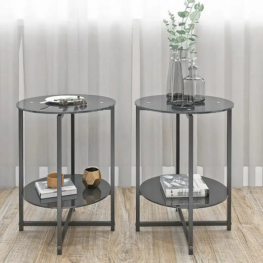 2-piece set,Tempered Glass End Table, Round Coffee Table for Bedroom Living Room Office