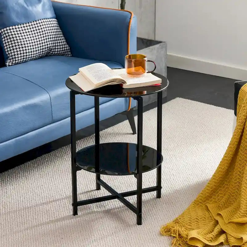 2-piece set,Tempered Glass End Table, Round Coffee Table for Bedroom Living Room Office