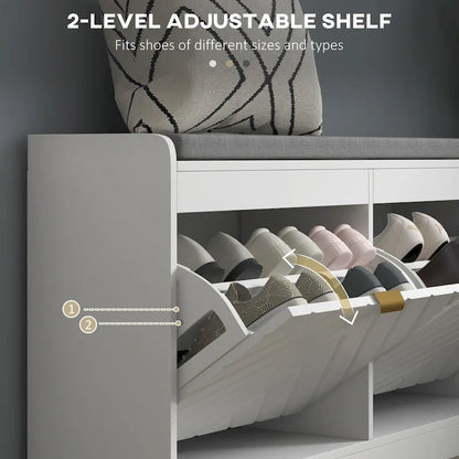 Entryway Bench with 2 Flip Drawers, Seating Cushion, and 2 Vents for 8 Pairs of Shoes for Hallway