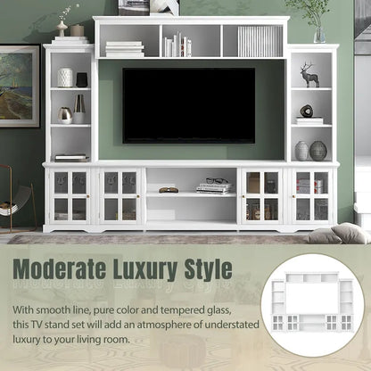 White Entertainment Wall Unit with Bridge & Tempered Glass Door for 70 TVs