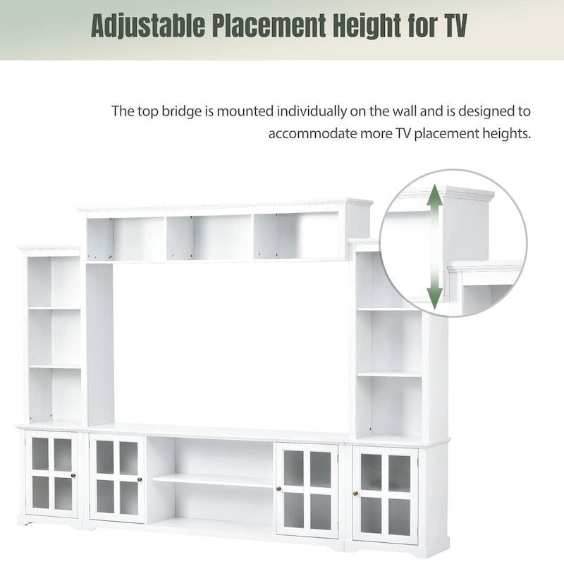 White Entertainment Wall Unit with Bridge & Tempered Glass Door for 70 TVs