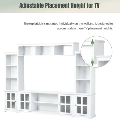 White Entertainment Wall Unit with Bridge & Tempered Glass Door for 70 TVs