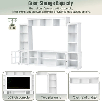 White Entertainment Wall Unit with Bridge & Tempered Glass Door for 70 TVs
