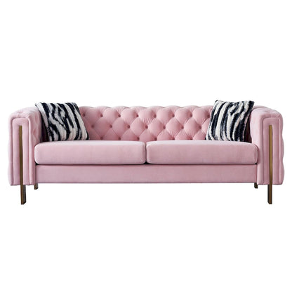 84.25 Button Tufted Upholstered 3-Seater Sofa with Gold Decoration