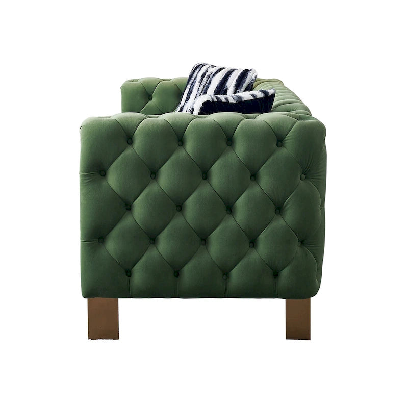 84.25 Button Tufted Upholstered 3-Seater Sofa with Gold Decoration