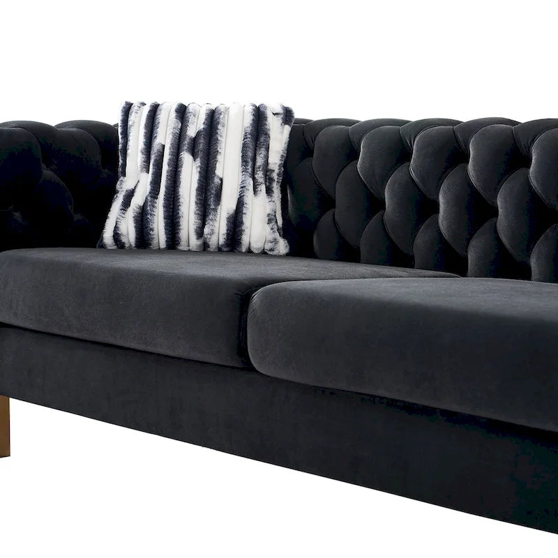 84.25 Button Tufted Upholstered 3-Seater Sofa with Gold Decoration