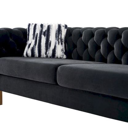 84.25 Button Tufted Upholstered 3-Seater Sofa with Gold Decoration