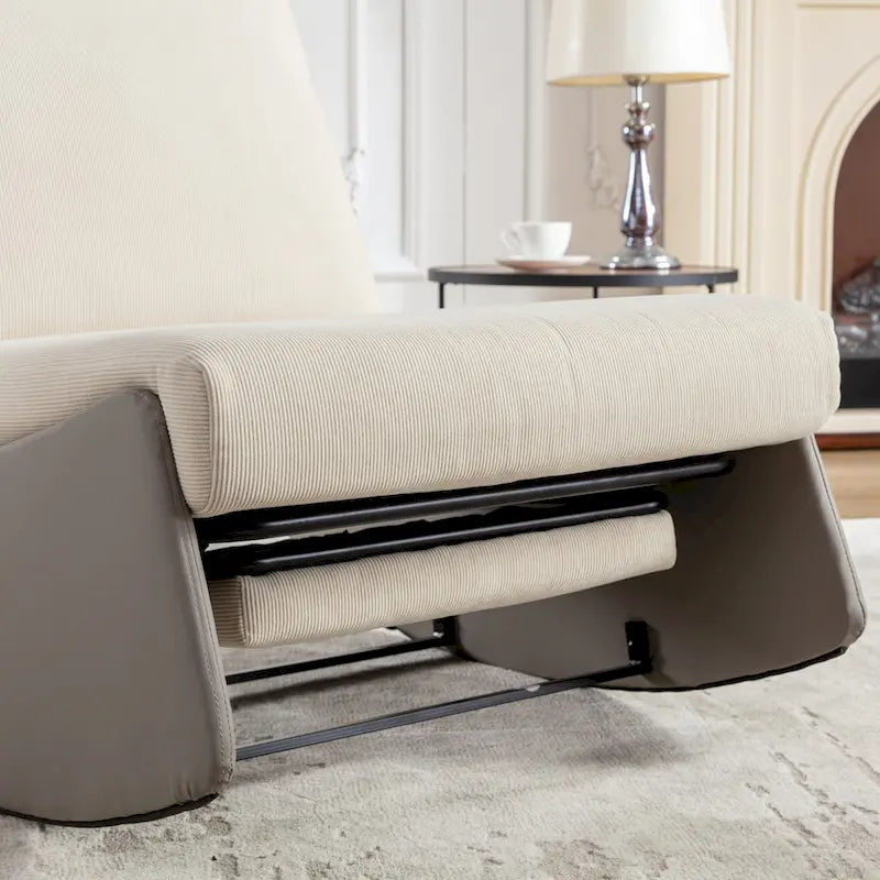 Corduroy Rocker Recliner with Footrest and PU Leather Leg