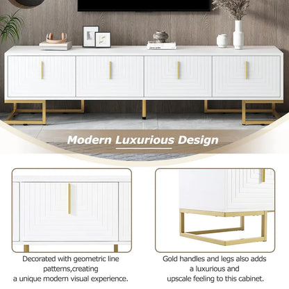 White+Gold 70.8 TV Stand with Gold Handles & Cabinets for 80 TVs