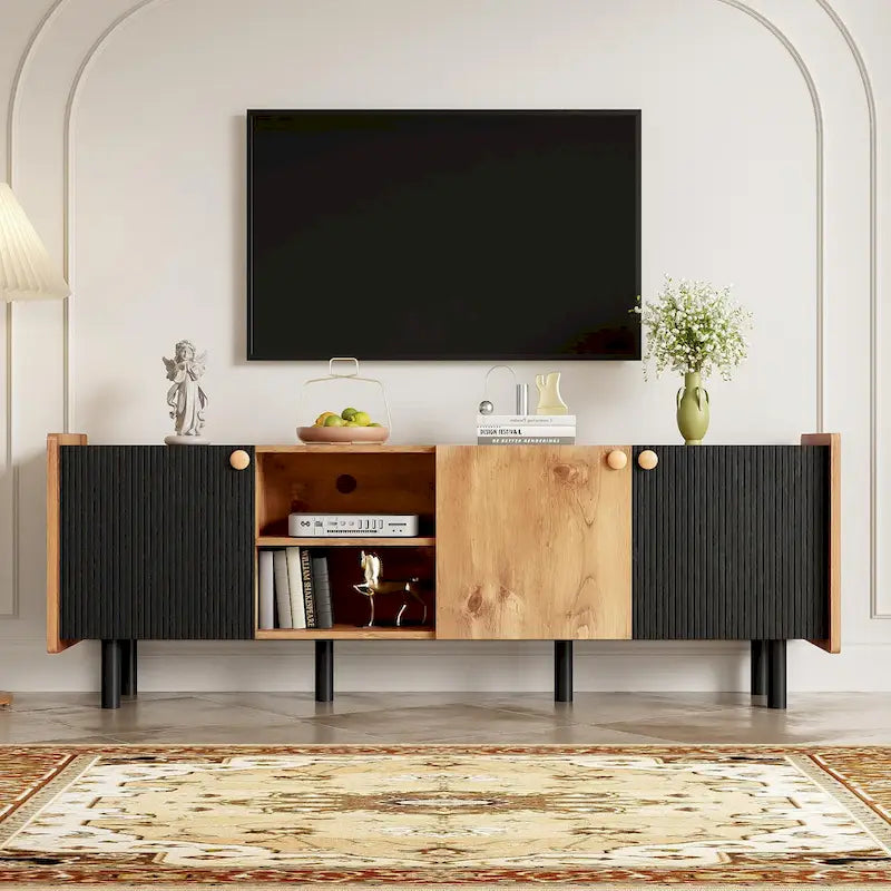 Mid Century TV Stand with 3 Cabinets, Media Console Table for TVs up to 70, Entertainment Center with Storage