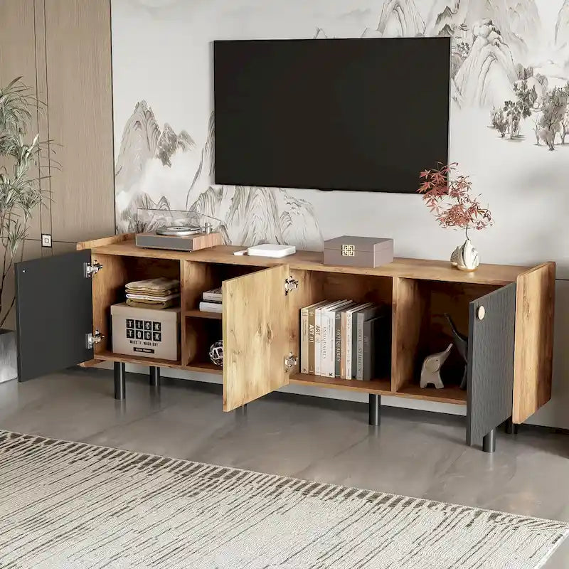 Mid Century TV Stand with 3 Cabinets, Media Console Table for TVs up to 70, Entertainment Center with Storage