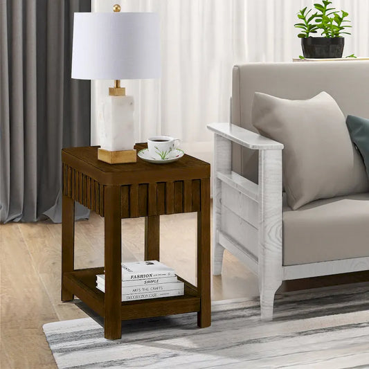 25 Rectangular Farmhouse End Table with Storage Shelf, Sofa Side Table with Solid Wood Legs for Living Room, Bedroom, Office