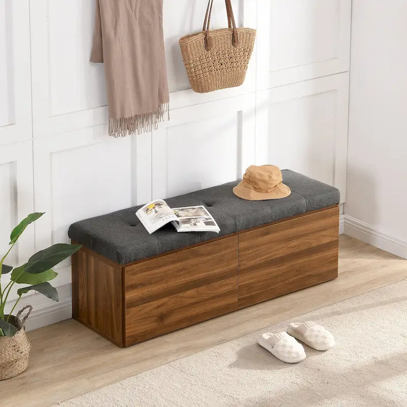 49 Entryway Shoe Storage Bench with Double Doors & Padded Cushion,Space-Saving Ottoman