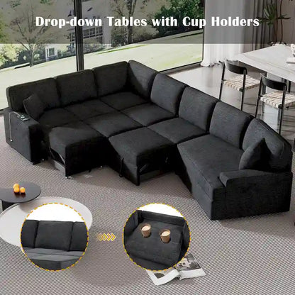 126 L-shaped Sofa Sectional Sofa Couch Pull-out Sofa Bed with Charging Devices and Cup Holders for Living Room, Beige