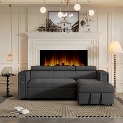 L-Shaped Pull Out Sofa Bed Modern Convertible Sleeper Sofa with 2 USB ports, 2 Power Sockets and 3 Pillows