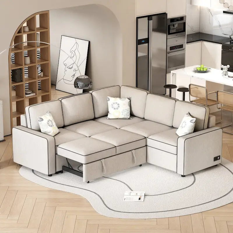 L-Shaped Pull Out Sofa Bed Modern Convertible Sleeper Sofa with 2 USB ports, 2 Power Sockets and 3 Pillows