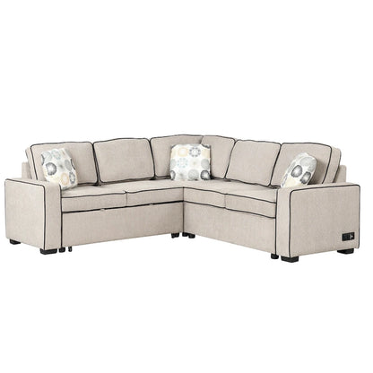 L-Shaped Pull Out Sofa Bed Modern Convertible Sleeper Sofa with 2 USB ports, 2 Power Sockets and 3 Pillows