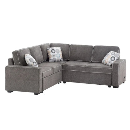 L-Shaped Pull Out Sofa Bed Modern Convertible Sleeper Sofa with 2 USB ports, 2 Power Sockets and 3 Pillows