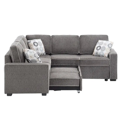 L-Shaped Pull Out Sofa Bed Modern Convertible Sleeper Sofa with 2 USB ports, 2 Power Sockets and 3 Pillows