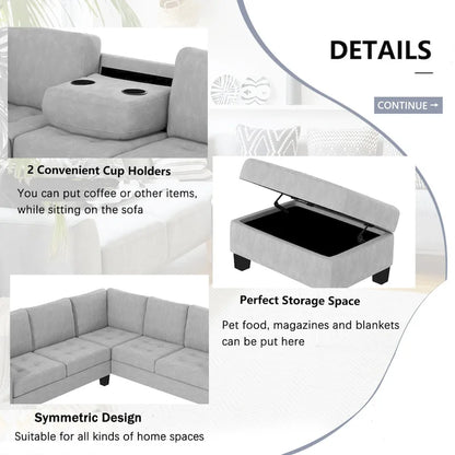 Orisfur. Sectional Corner Sofa L-shape Couch Space Saving with Storage Ottoman & Cup Holders Design