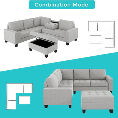 Orisfur. Sectional Corner Sofa L-shape Couch Space Saving with Storage Ottoman & Cup Holders Design