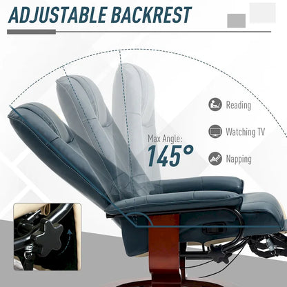 Faux Leather Manual Swivel Recliner Chair with Footrest, Armrest and Wrapped Wood Base