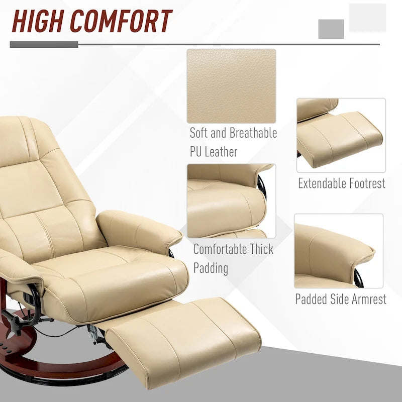 Faux Leather Manual Swivel Recliner Chair with Footrest, Armrest and Wrapped Wood Base