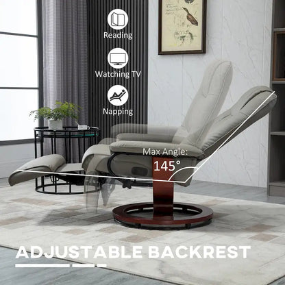 Faux Leather Manual Swivel Recliner Chair with Footrest, Armrest and Wrapped Wood Base