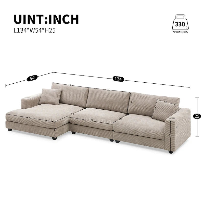 Lalo Modern Corduroy Oversized Sectional Sofa by GDFStudio