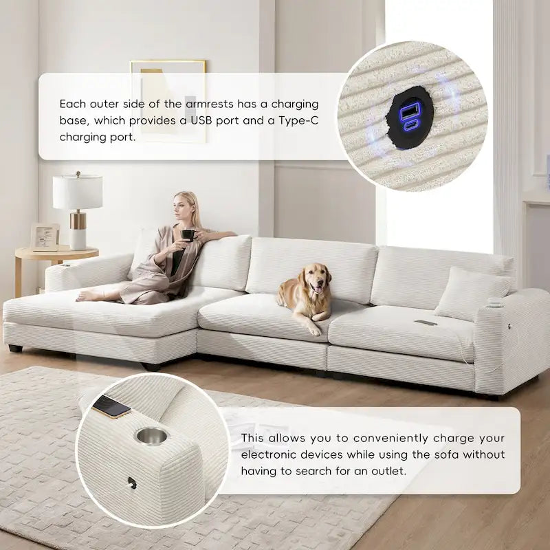 Lalo Modern Corduroy Oversized Sectional Sofa by GDFStudio