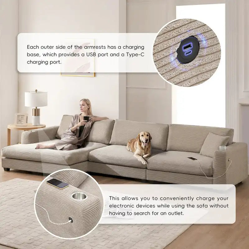 Lalo Modern Corduroy Oversized Sectional Sofa by GDFStudio