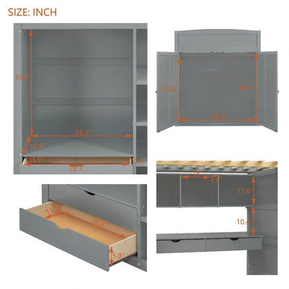 Full Size Wood Loft Bed with Desk, Wardrobes,Drawers and Shelves