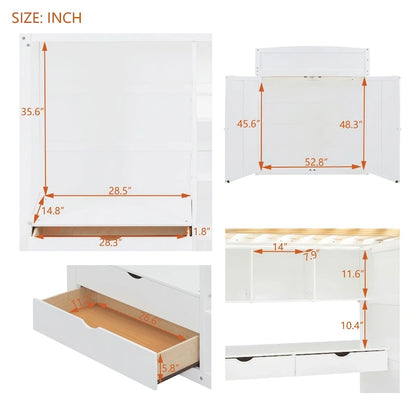 Full Size Wood Loft Bed with Desk, Wardrobes,Drawers and Shelves